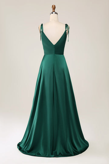 Simple Dark Green Spaghetti Straps Ruched Maxi Dress with Slit